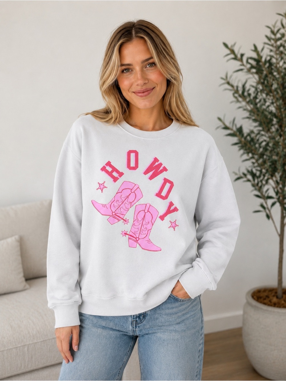 Altar’d State Howdy Cowboy Boots Graphic Sweatshirt S/M White Pink Western